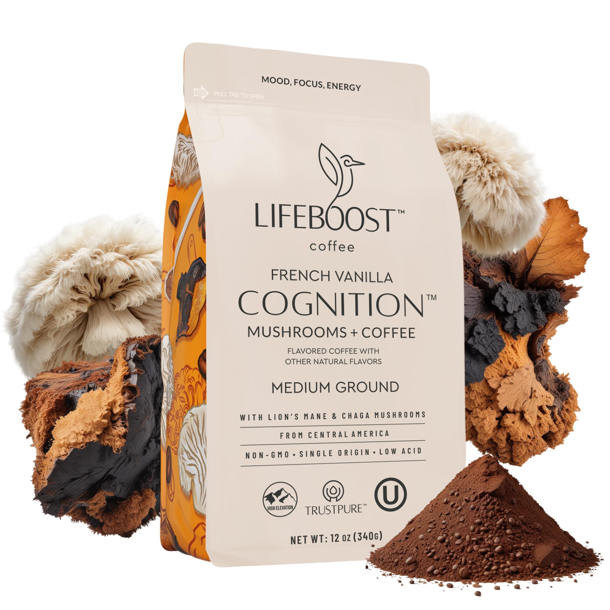 Lifeboost French Vanilla Cognition Mushroom Coffee - Low Acid Medium Organic Coffee with Nootropic Lions Mane & Chaga Mushrooms - Increase Energy