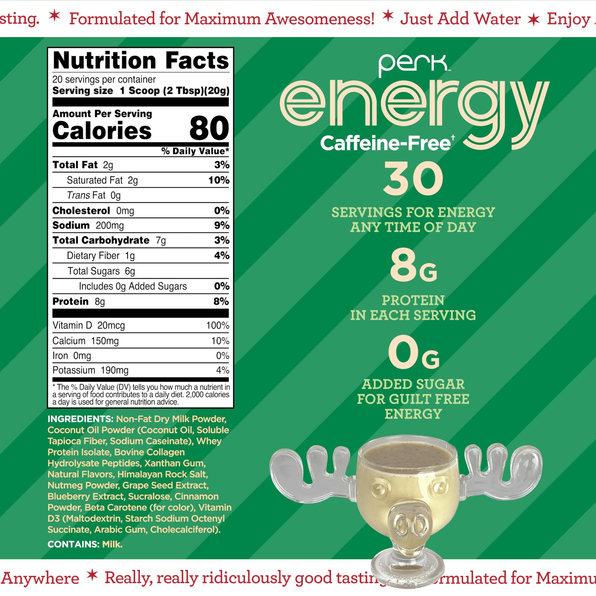 Perk Energy Caffeine-Free Drink Mix (Eggnog) 20 Servings - Healthy Coffee Alternative with Protein, Gluten-Free, Soy-Free, Peanut-Free