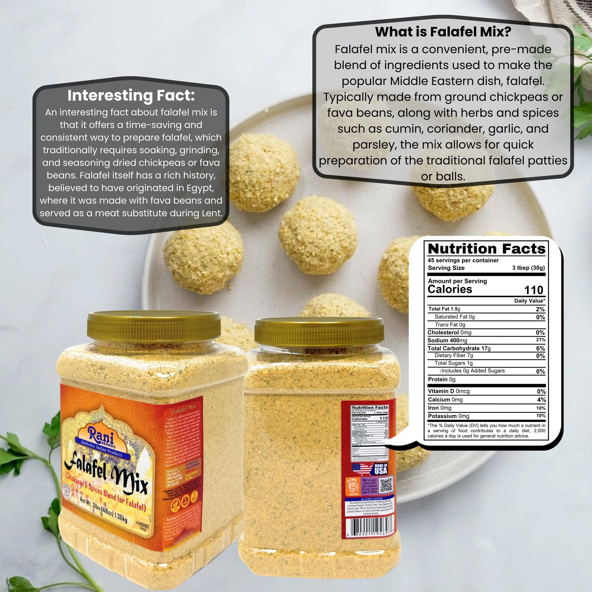 Rani Falafex Mix (Chickpeas & Spices Blend for Falafel) 48oz (3lbs) 1.36kg PET Jar ~ Gluten Friendly | NON-GMO | Kosher | Product of USA