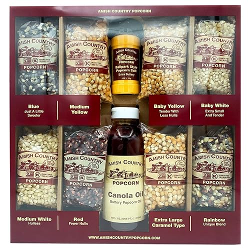 Amish Country Popcorn | 8-4 oz Bags | Stovetop Popping Sampler Pack with Canola Oil and BallPark ButterSalt | Old Fashioned, Non-GMO and Gluten Free