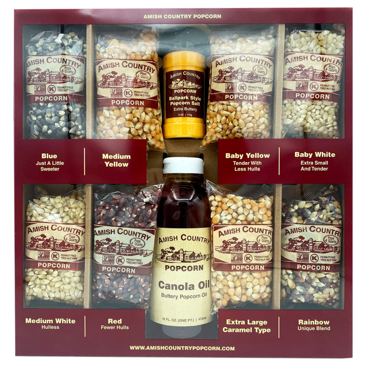 Amish Country Popcorn | 8-4 oz Bags | Stovetop Popping Sampler Pack with Canola Oil and BallPark ButterSalt | Old Fashioned, Non-GMO and Gluten Free