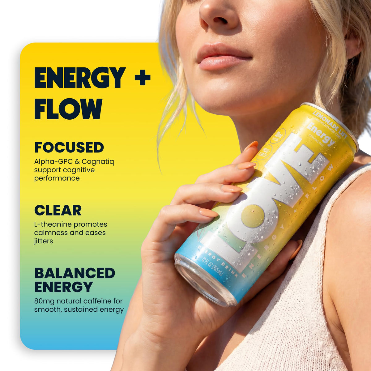 Be LOVE™ Nootropic Energy Drink - 80mg Natural Caffeine, L-Theanine & Alpha-GPC for Clean Calm Focus - Zero Sugar, Low Calorie, 100% DV B-Vitamins