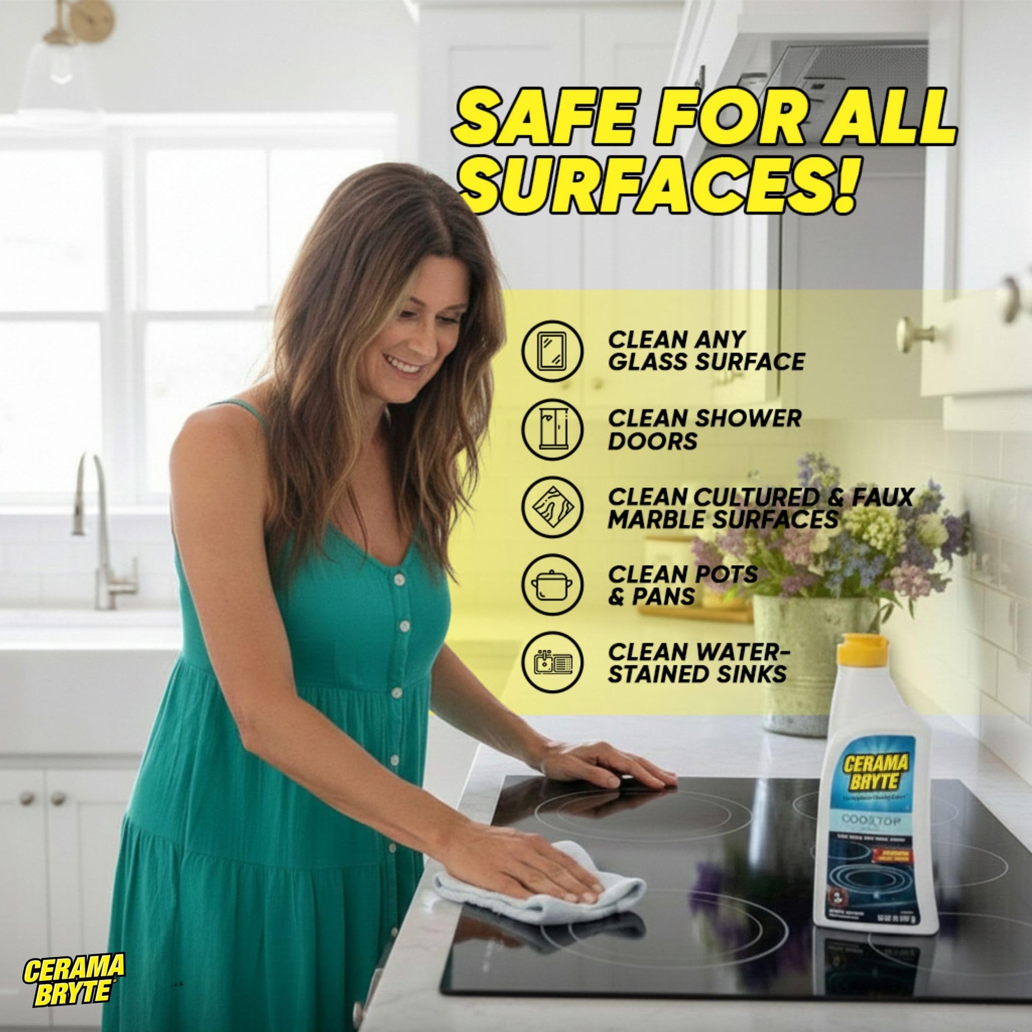 Cerama Bryte Glass Cooktop and Stove Top Cleaner Combo Kit - Includes Cleaning Tool, Razor, Scraper and 1 Pad to Remove Tough Stains - Use on Gas
