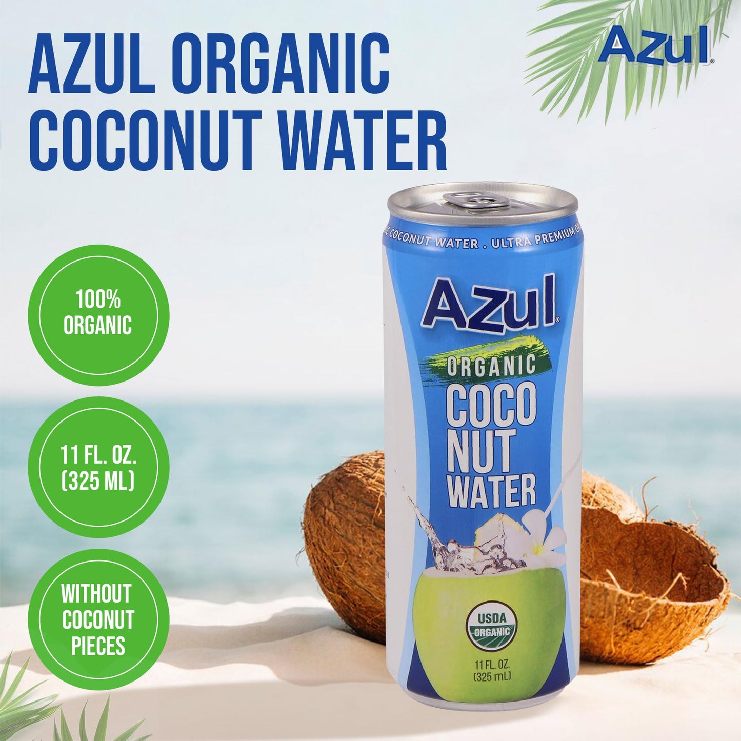Azul Coconut Water Can, Natural Hydrating Electrolyte, 100% Organic, No Sugar Added Coconut Drink without Pieces, Gluten Free, No Artificial