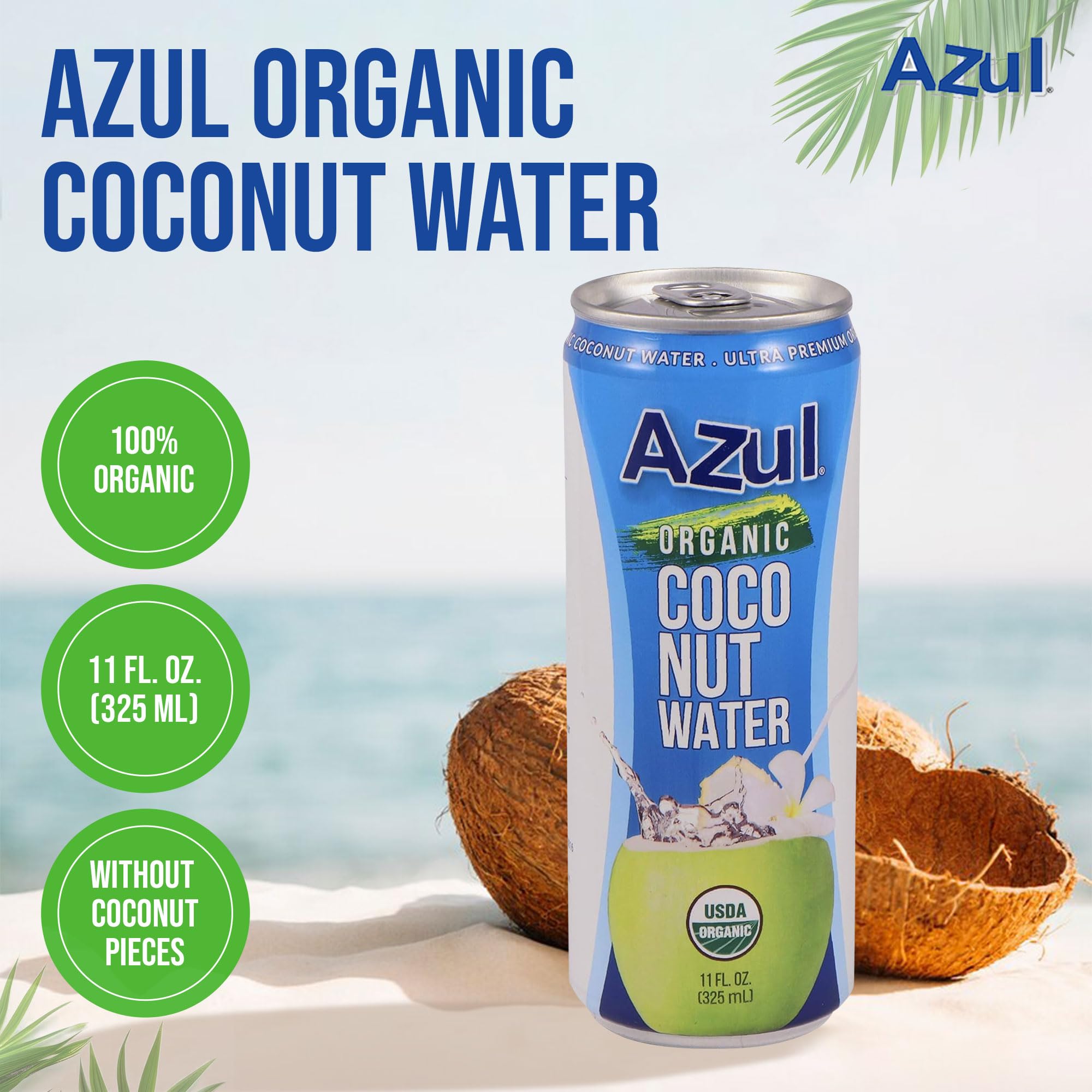 Azul Coconut Water Can, Natural Hydrating Electrolyte, 100% Organic, No Sugar Added Coconut Drink without Pieces, Gluten Free, No Artificial