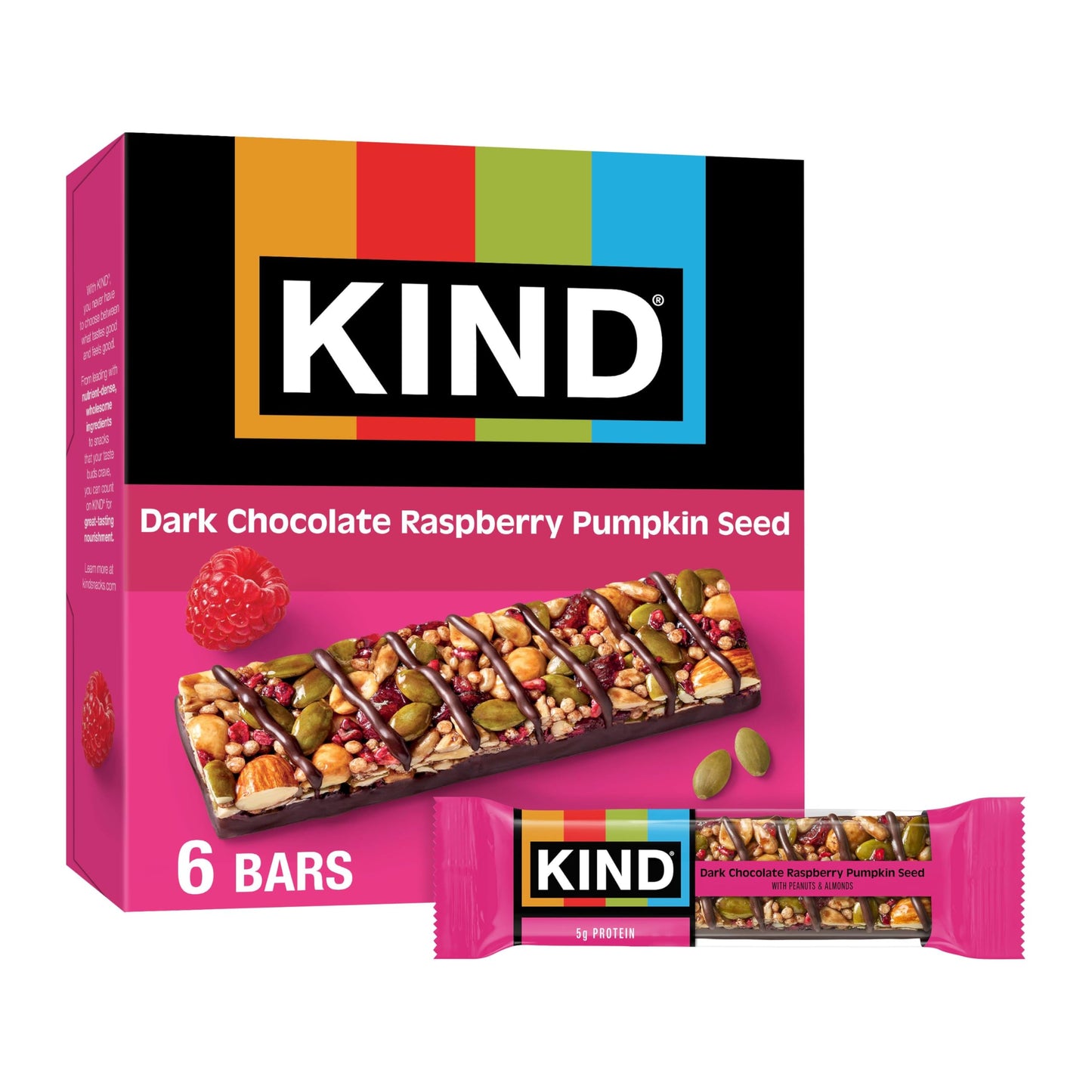 KIND Healthy Snacks Bars, Dark Chocolate Raspberry Pumpkin Seed, Gluten Free, High Fiber Snacks, 5g Protein, 6 Count