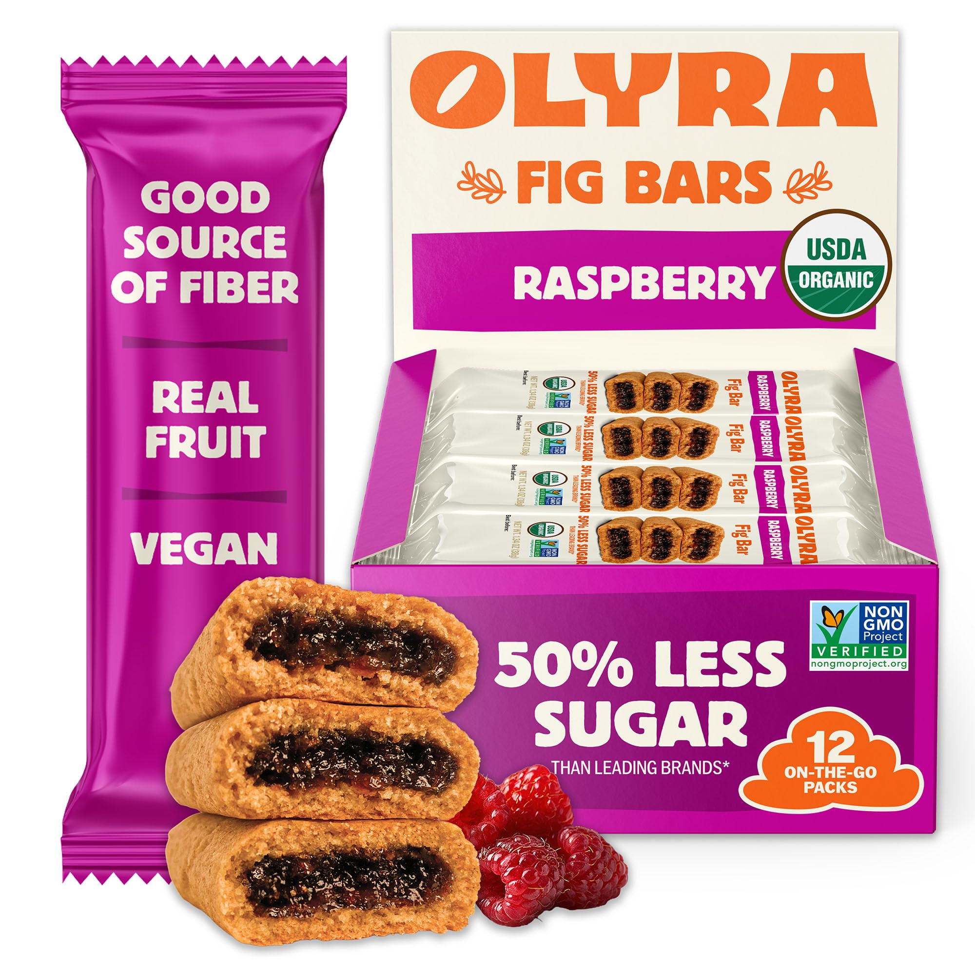 Olyra Raspberry Fig Bars, Organic Snacks, Healthy Snacks for Adults and Kids, Low Sugar, Vegan, Office Breakfast Bars, USDA Certified Organic, Non GMO
