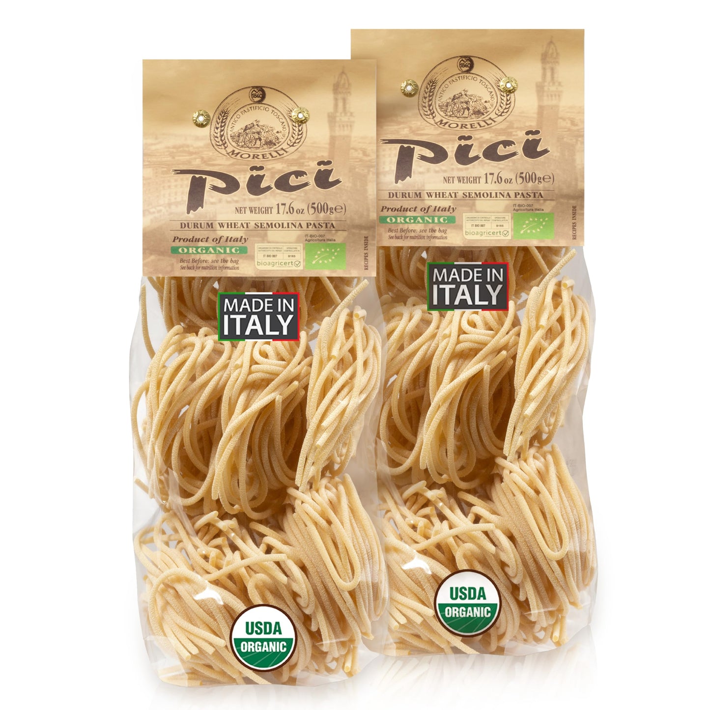 Morelli Pici Pasta di Toscana - Italian Gourmet Organic Pici Noodles - Thick Organic Pasta Nests Made in Italy from Durum Wheat Semolina - 17.6oz