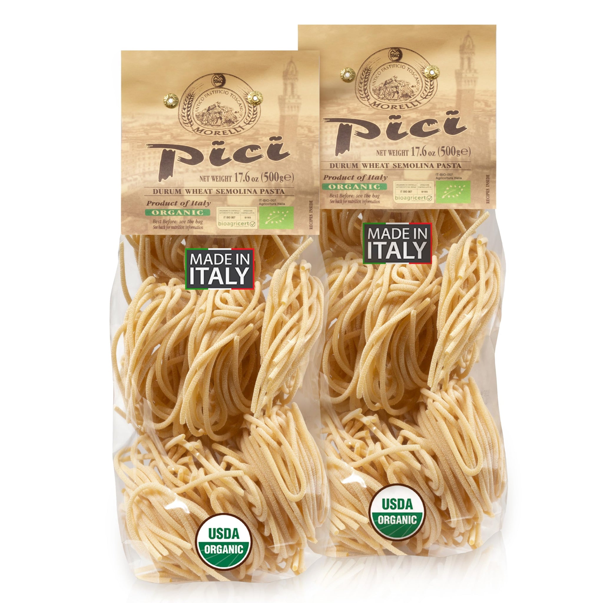 Morelli Pici Pasta di Toscana - Italian Gourmet Organic Pici Noodles - Thick Organic Pasta Nests Made in Italy from Durum Wheat Semolina - 17.6oz