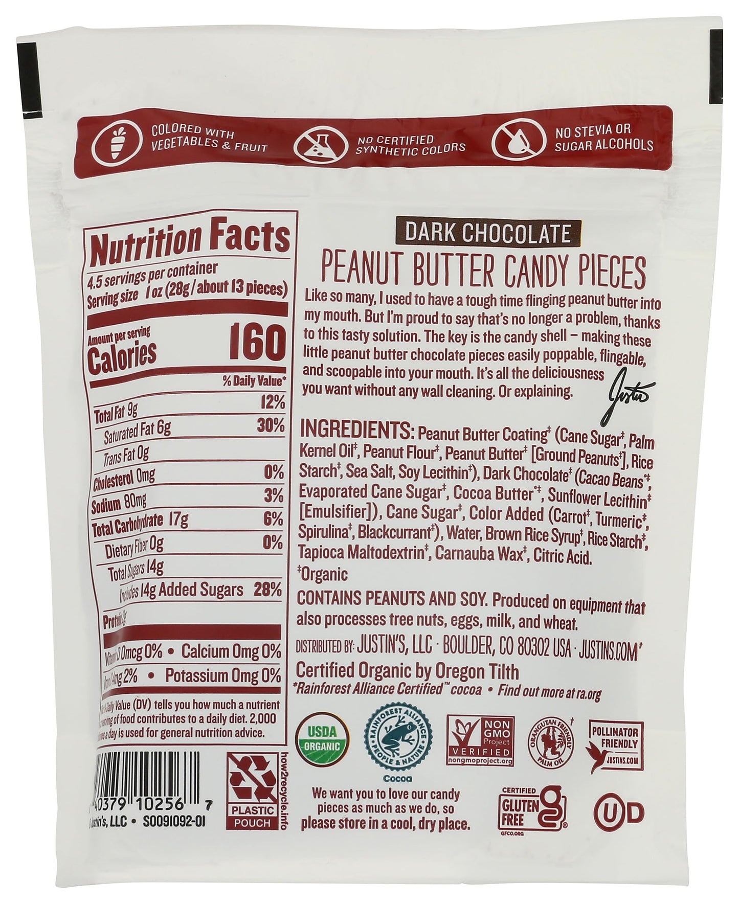 Justin's Dark Chocolate Peanut Butter Candy Pieces - 4.5oz bag Organic, Gluten Free, Non-GMO, Responsibly Source, Rainforest Alliance Certified Cocoa