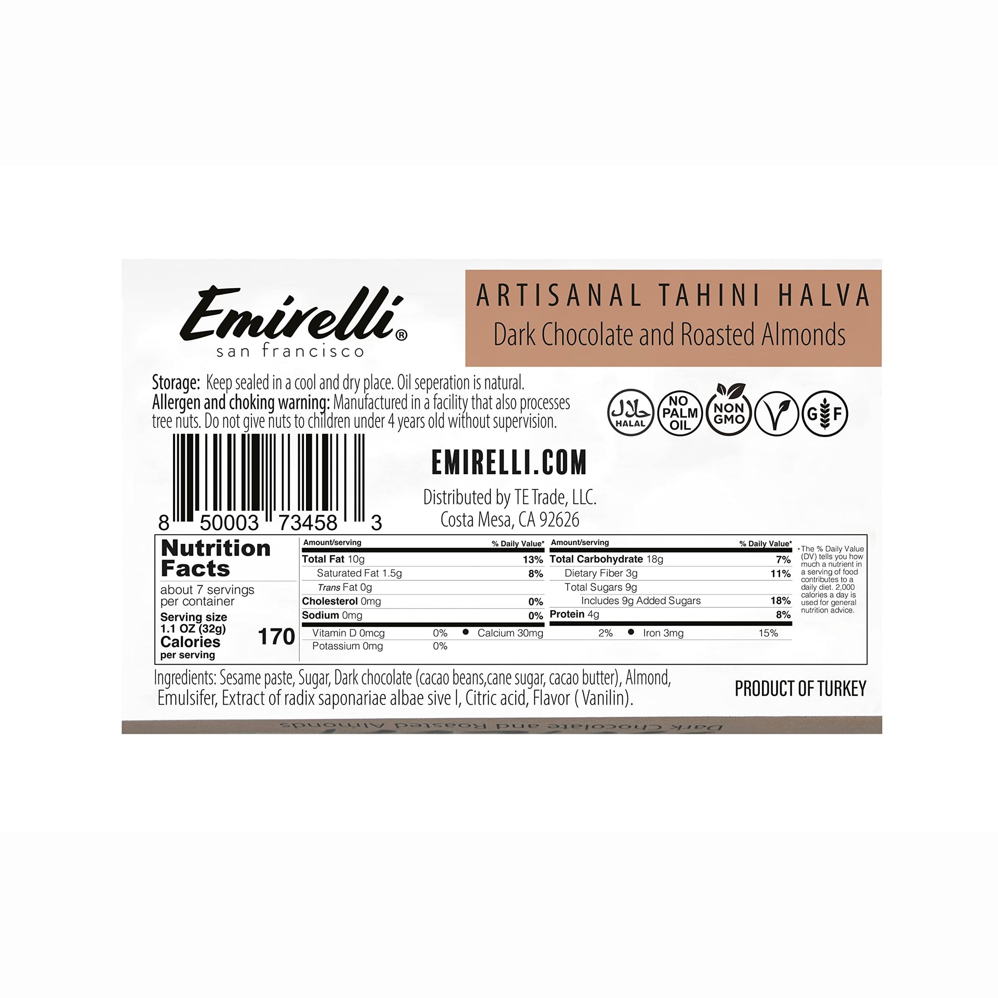 Emirelli Artisanal Halva Dessert - Authentic Middle Eastern Candy Turkish Sweets - Vegan Candy 55%-Tahini Halwa - Halvah Traditional International