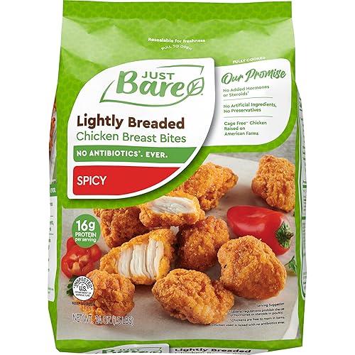 Just Bare® Chicken Lightly Breaded Spicy Breast Bites | Fully Cooked |16 G Protein | Frozen | 1.50 LB