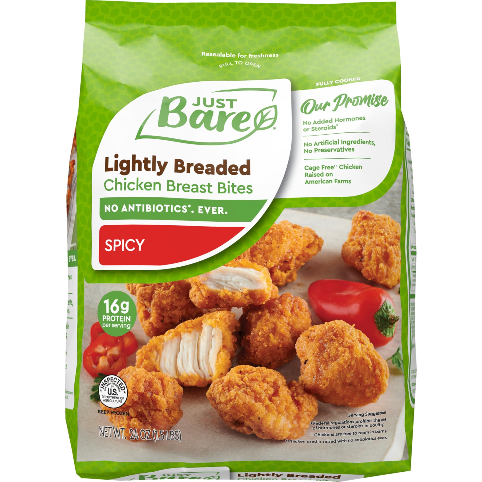 Just Bare® Chicken Lightly Breaded Spicy Breast Bites | Fully Cooked |16 G Protein | Frozen | 1.50 LB
