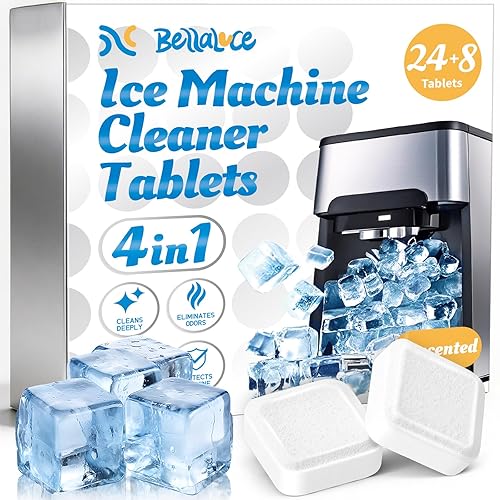 Bellaluce Ice Machine Cleaner Tablets Descaler (32 Pack) - Nickel-Safe Countertop Portable Commercial Ice Maker Cleaning - Remove Hard Water Buildup