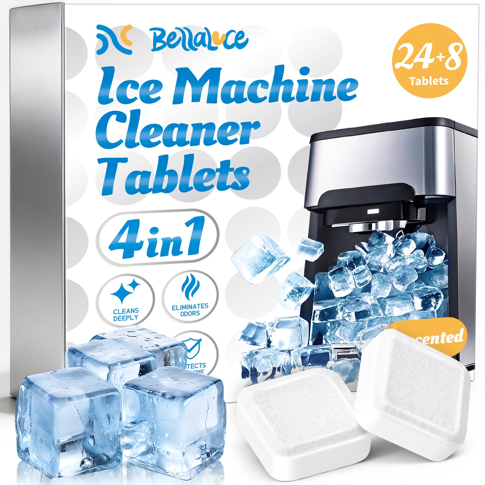 Bellaluce Ice Machine Cleaner Tablets Descaler (32 Pack) - Nickel-Safe Countertop Portable Commercial Ice Maker Cleaning - Remove Hard Water Buildup