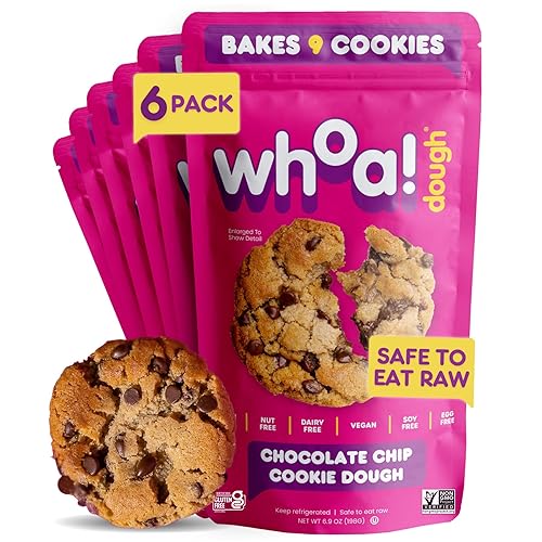 Whoa Dough Ready to Bake Cookie Dough Chocolate Chip - Certified Non-GMO, Kosher, Gluten Free - Plant-Based Snack Dough Made with Real Ingredients - 6 Pack