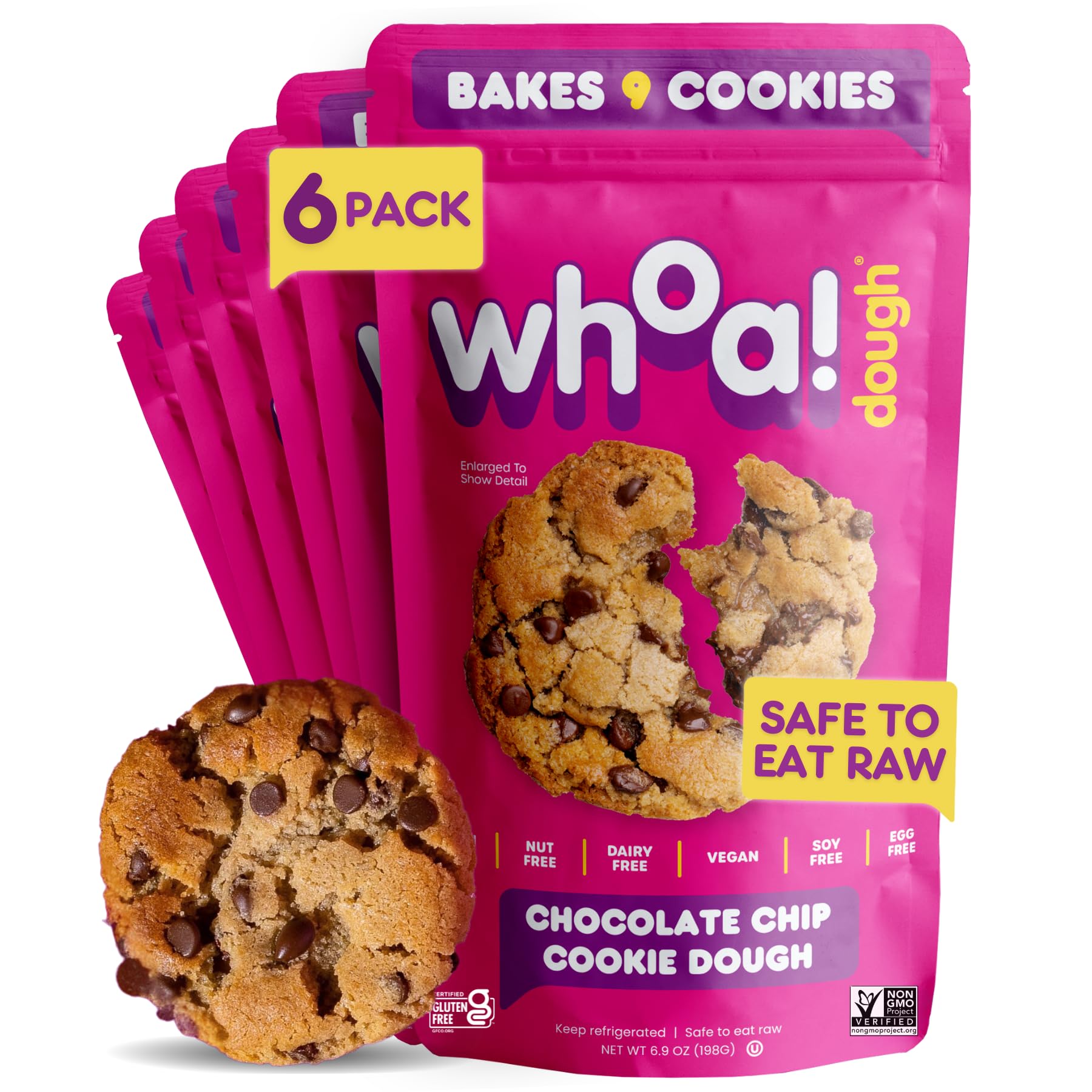 Whoa Dough Ready to Bake Cookie Dough Chocolate Chip - Certified Non-GMO, Kosher, Gluten Free - Plant-Based Snack Dough Made with Real Ingredients - 6 Pack