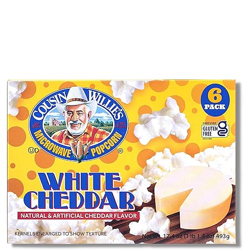 Cousin Willie's Microwave Popcorn Bags, White Cheddar (6 bags), Gourmet Popcorn Boxes for Party, Whole Grain Popcorn, Gluten Free, Low Calorie Healthy