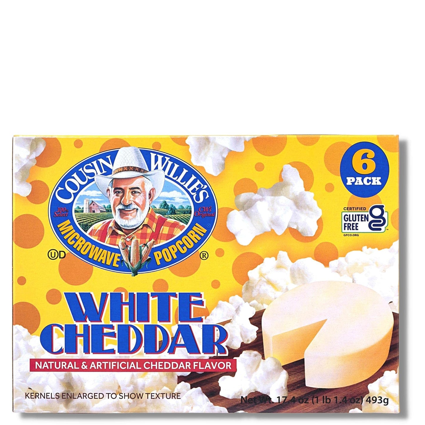 Cousin Willie's Microwave Popcorn Bags, White Cheddar (6 bags), Gourmet Popcorn Boxes for Party, Whole Grain Popcorn, Gluten Free, Low Calorie Healthy