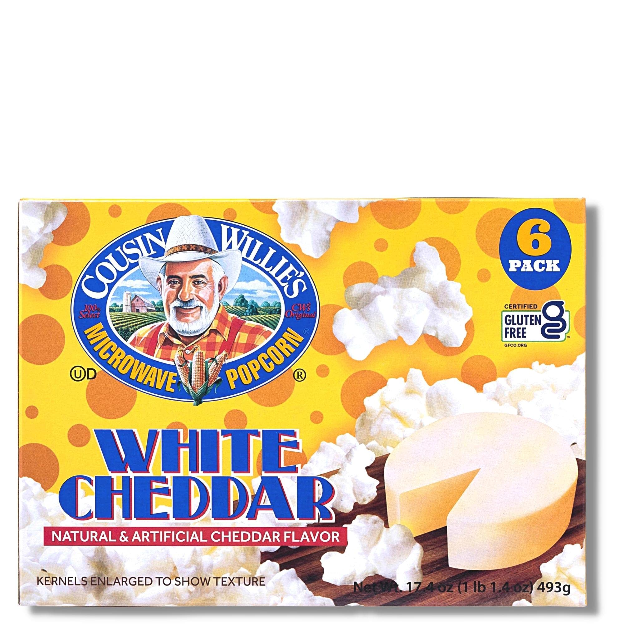Cousin Willie's Microwave Popcorn Bags, White Cheddar (6 bags), Gourmet Popcorn Boxes for Party, Whole Grain Popcorn, Gluten Free, Low Calorie Healthy