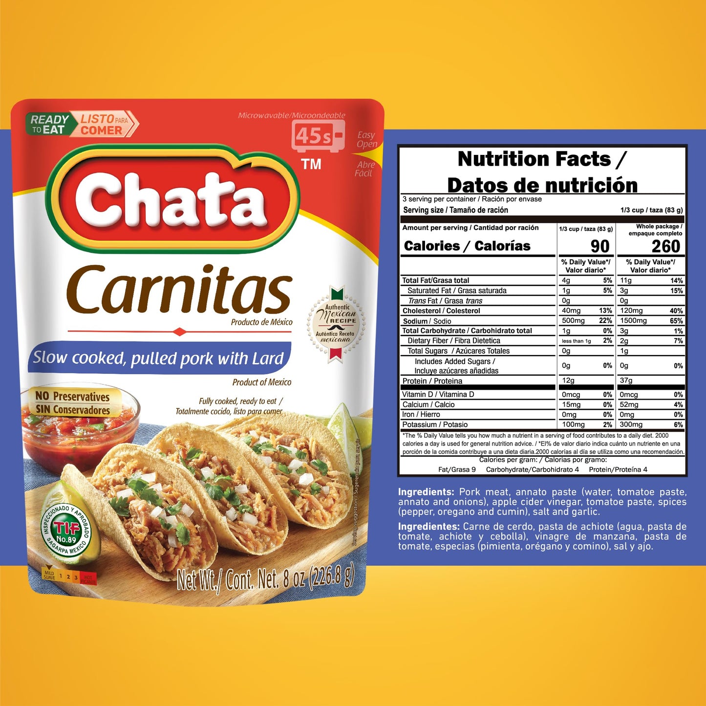 Chata Authentic Mexican Carnitas, Slow Cooked Pork, 8 oz, Pack of 3