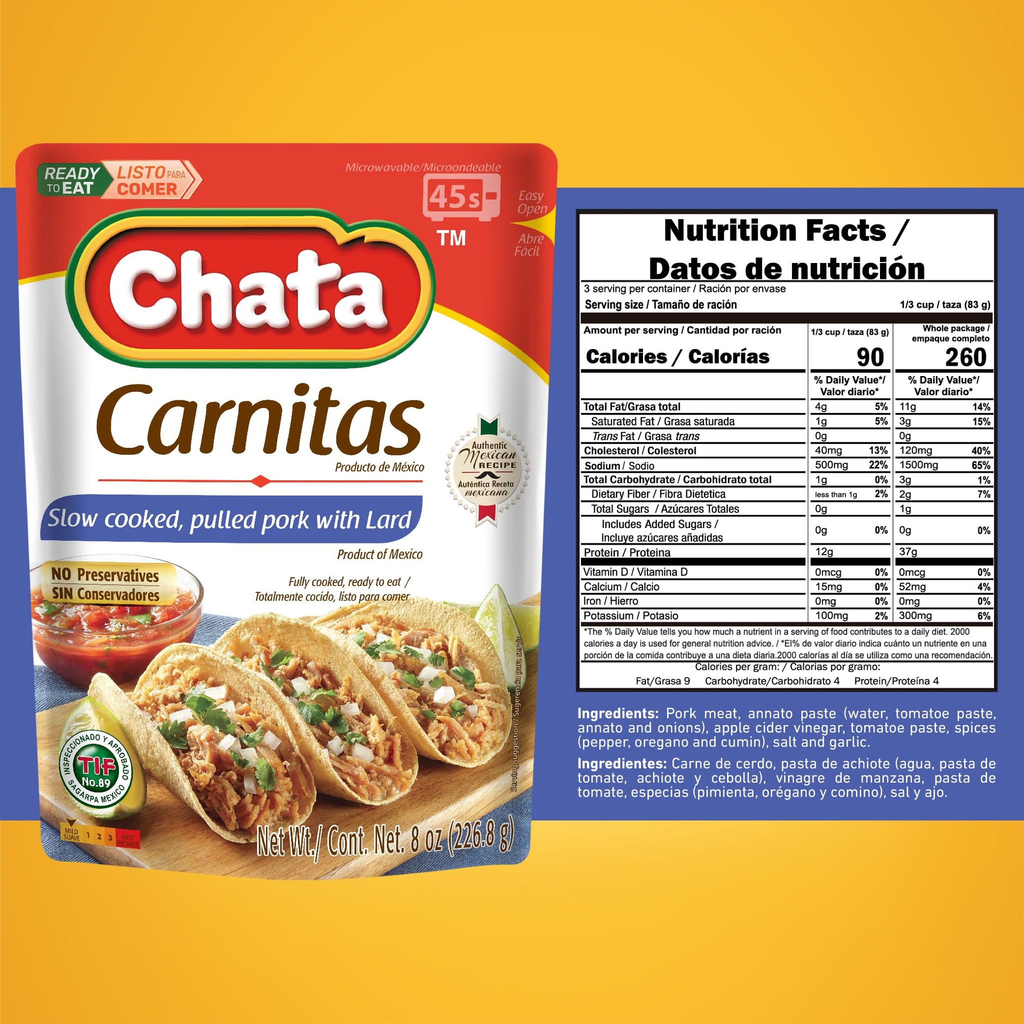 Chata Authentic Mexican Carnitas, Slow Cooked Pork, 8 oz, Pack of 3