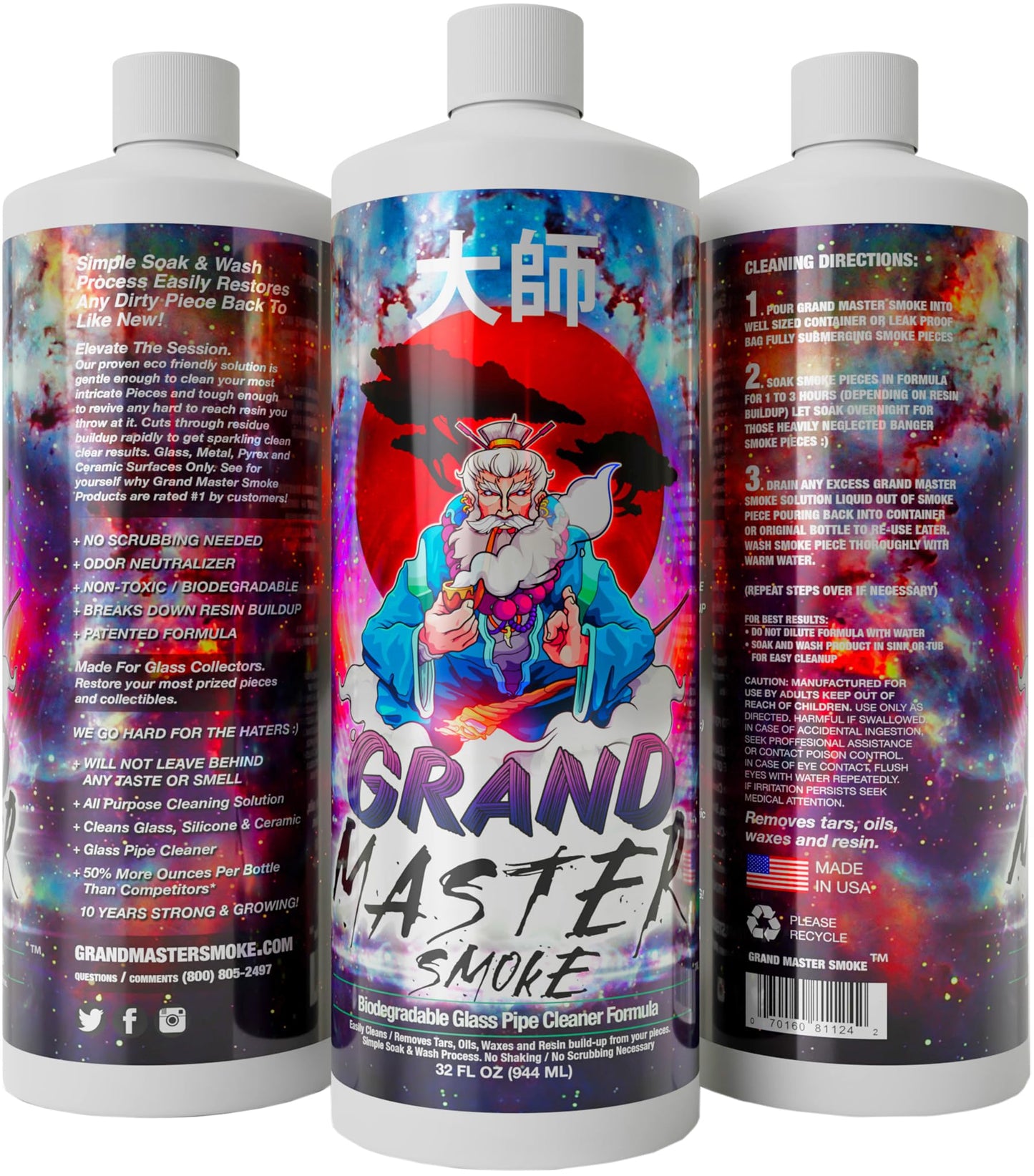 GRAND MASTER SMOKE 64oz / 2 Pack Soak & Wash Bundle Glass Pipe Cleaner - Cleanse, Deodorize, Restore - No Shaking/No Scrubbing
