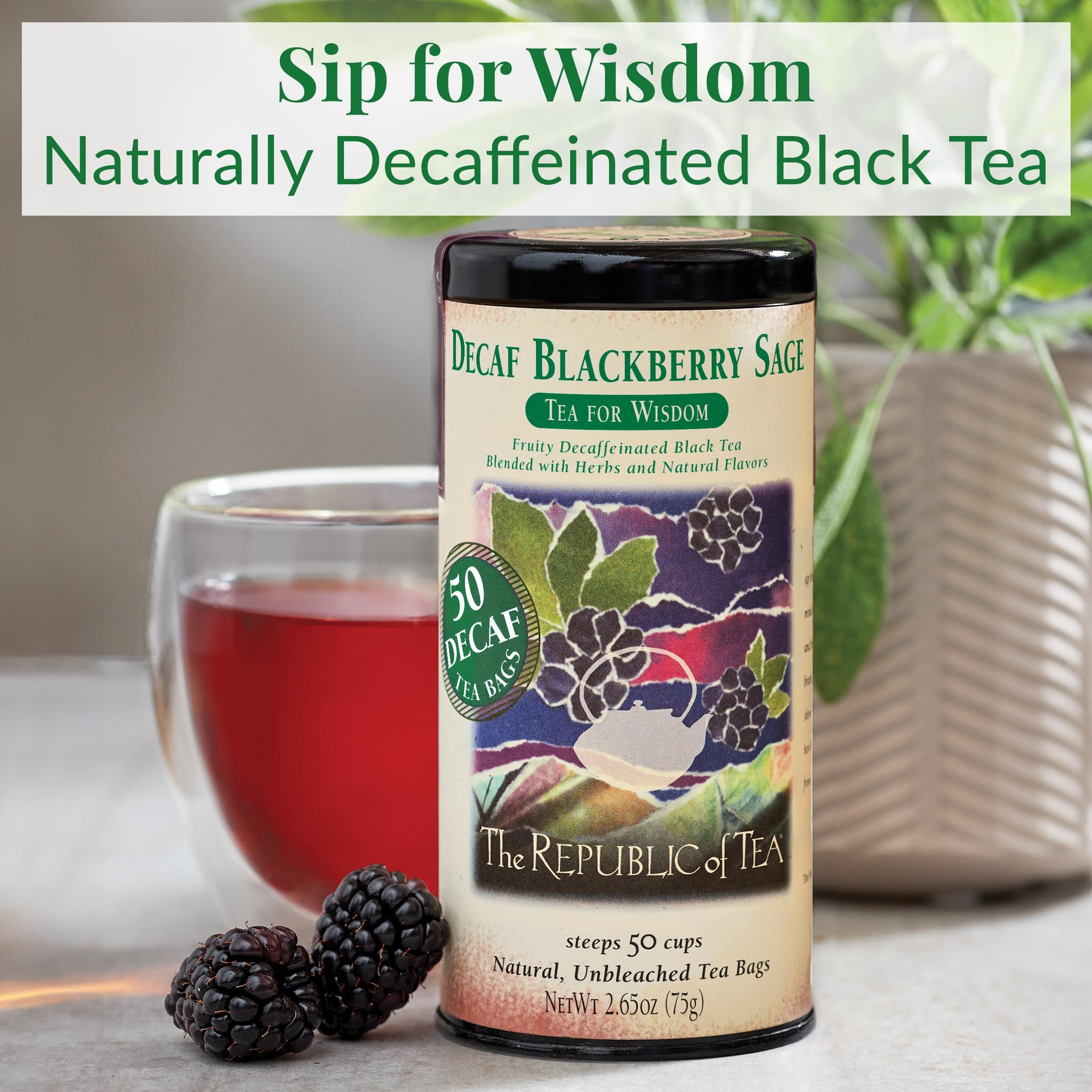 The Republic of Tea - Decaf Blackberry Sage Black Tea Tin, 50 Tea Bags, Environmentally- Friendly Decaffeinated Tea