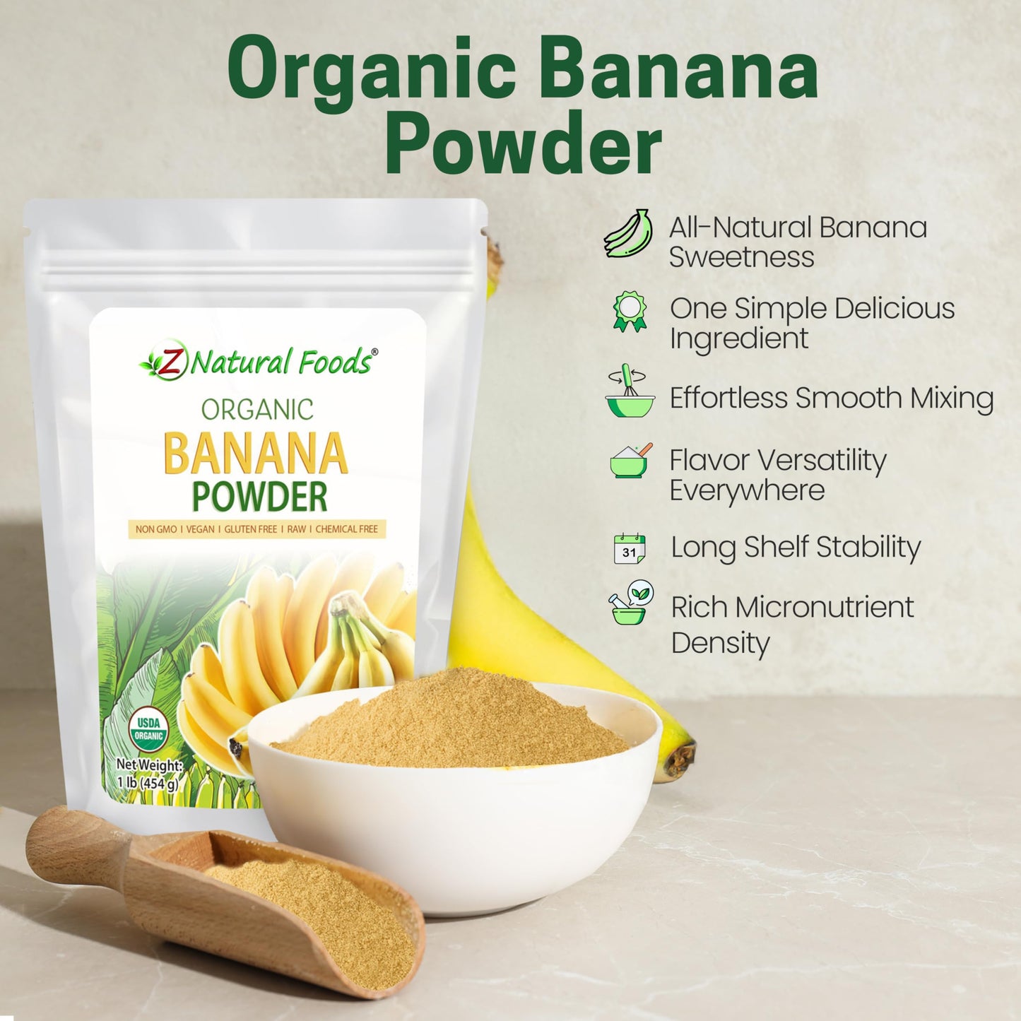 Z Natural Foods Organic Banana Powder, Fiber Supplement for Glowing Skin and Enhanced Immunity, Great in Juice, Smoothies, and Recipes, Non-GMO