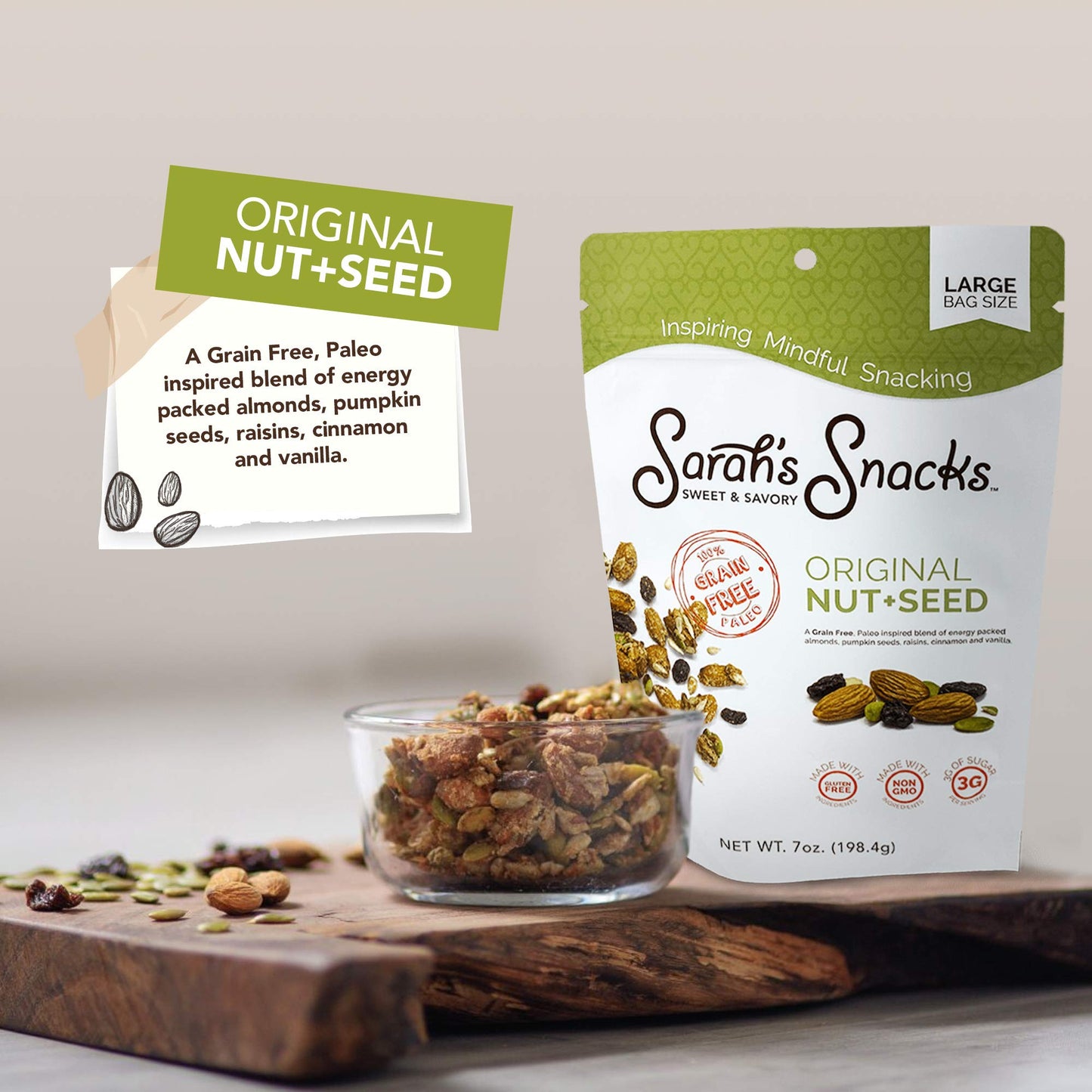 Original Nut and Seed Gluten and Grain Free Snack Mix, Dairy Free and Low Sugar Snacks, Non-GMO, Low Carb and Paleo Granola, 7 oz Bag - Sarah's Sweet