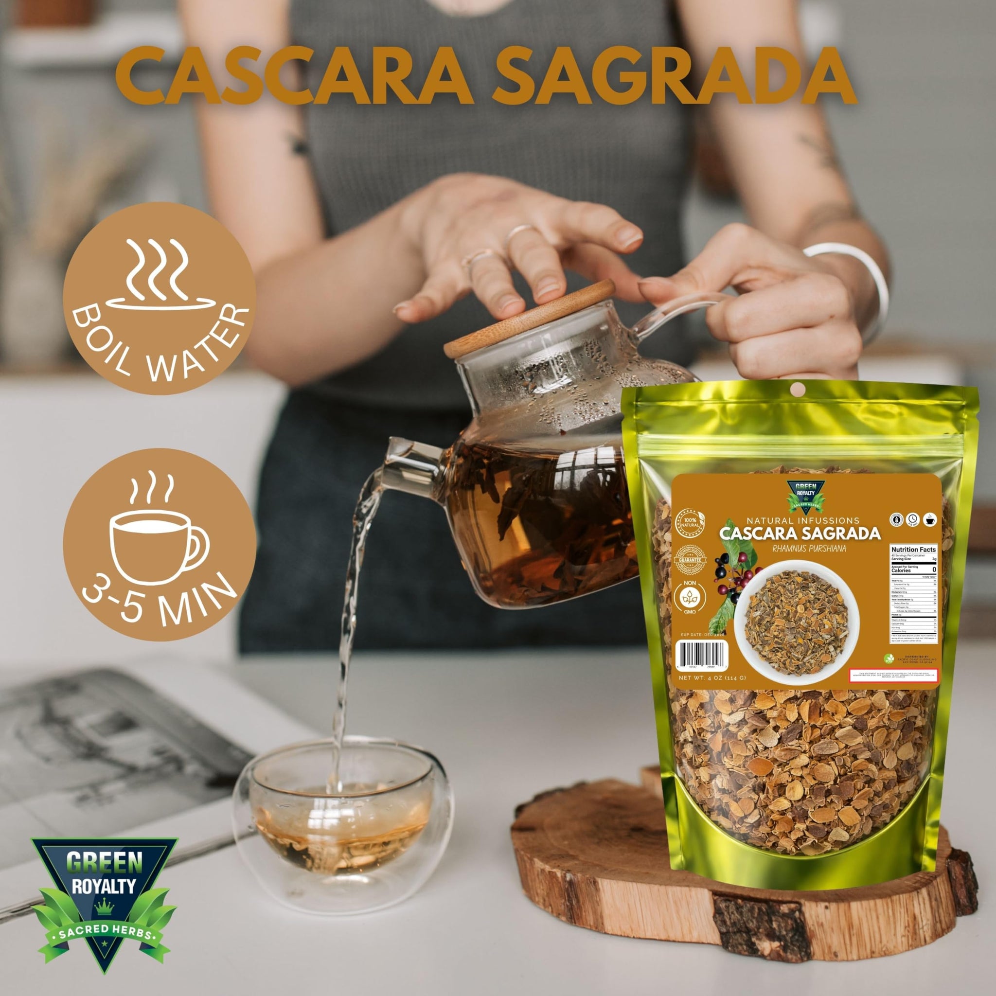 GREEN ROYALTY Cascara Sagrada Loose Tea Bark 4 oz (113g) | Rhamnus Purshiana | Wildcrafted Herbal Tea | Resealable Bag | 100% All Natural