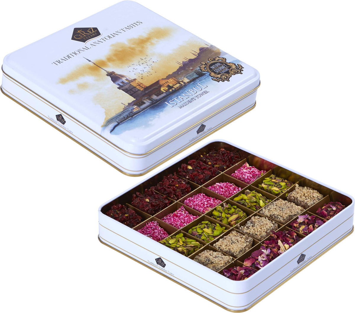Cerez Pazari Turkish Delight In 4 Flavours, With Pistachio, Hazelnut & Walnut, Assorted Gourmet Lokum In Elegant Tin Gift Box, Sweet Traditional Soft