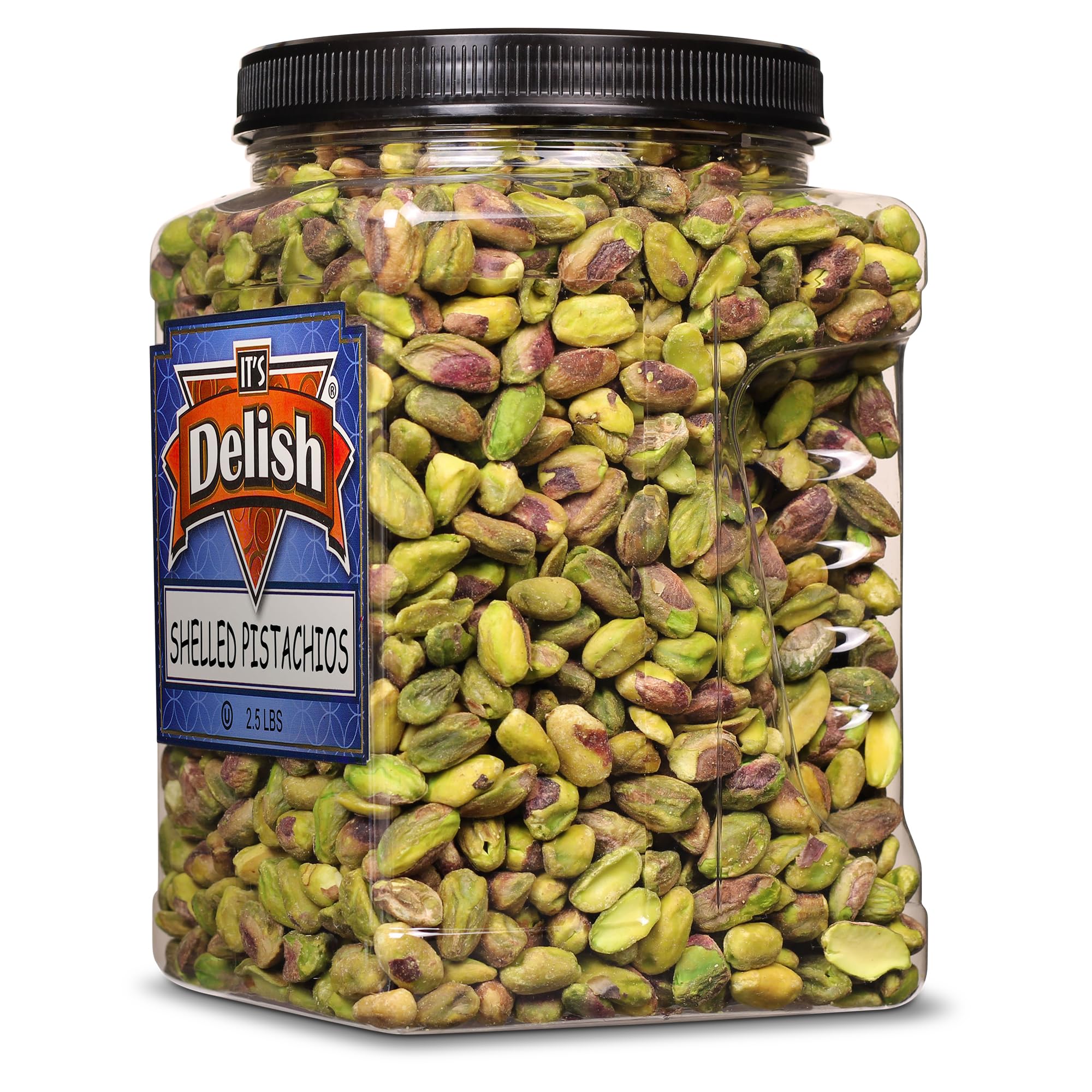 Premium California Roasted Salted Shelled Pistachio Kernels by Its Delish - 2.5 LBS Reusable Jumbo Container (Jar) Bulk Style, Fresh & Crunchy Dry
