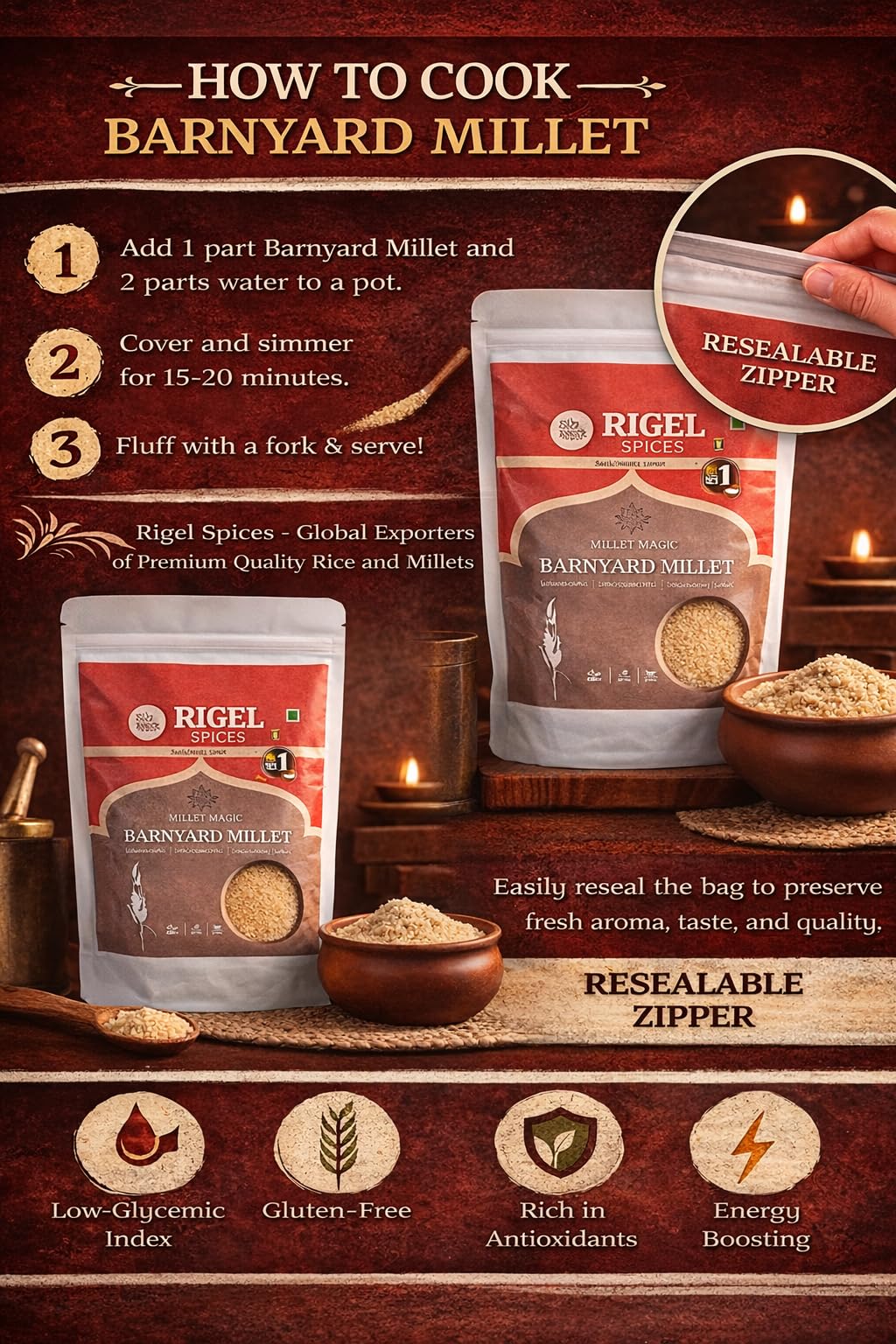 Rigel Spices Barnyard Millet | 2lbs resealable pack | Kuthiraivali | Non GMO | Gluten Free | Rich in fiber