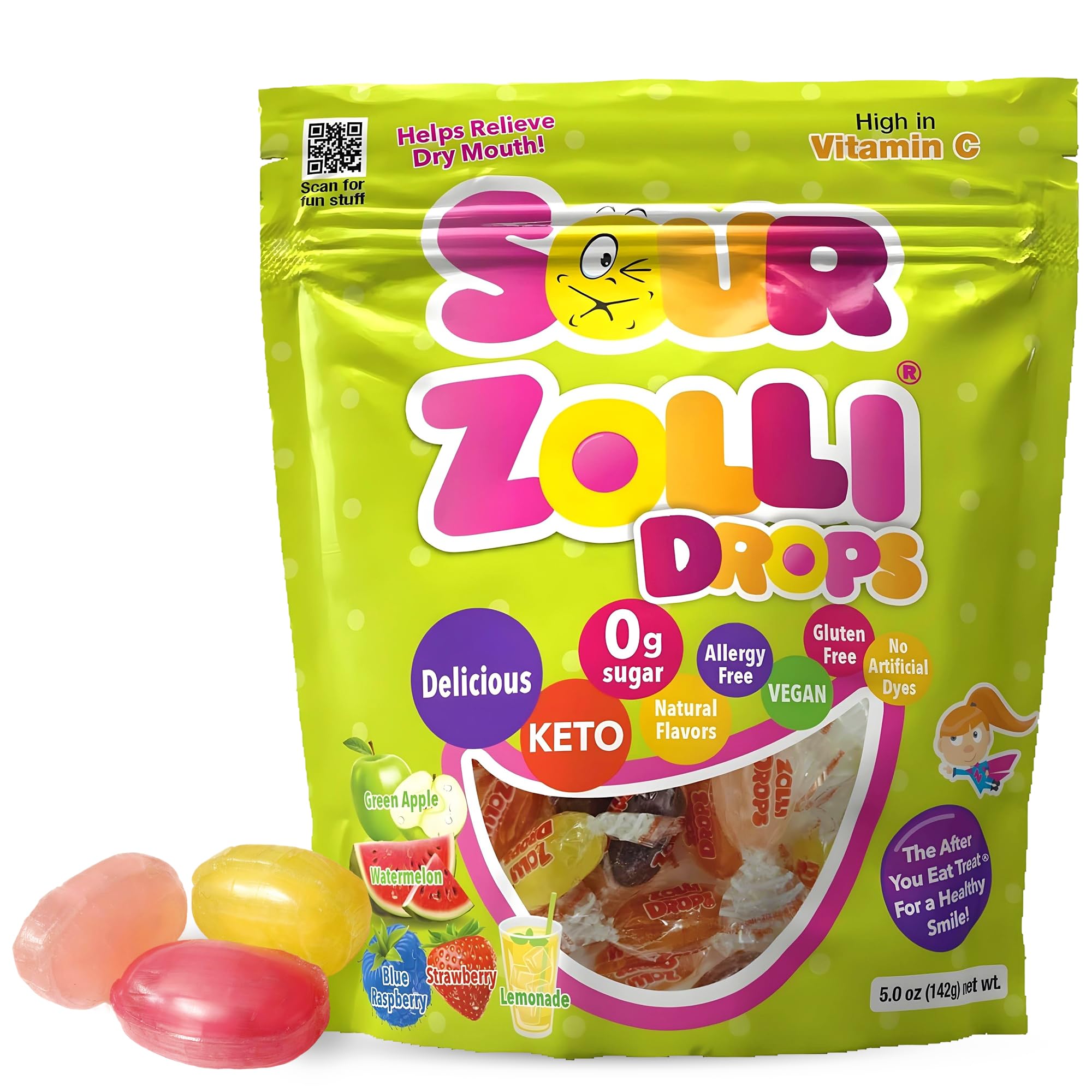 Zollipops Sour Drops, Sugar Free Candy with Xylitol, Dye-Free Hard Candy Drops - Keto & Diabetic-Friendly, Dentist-Approved Treats for Kids (Natural
