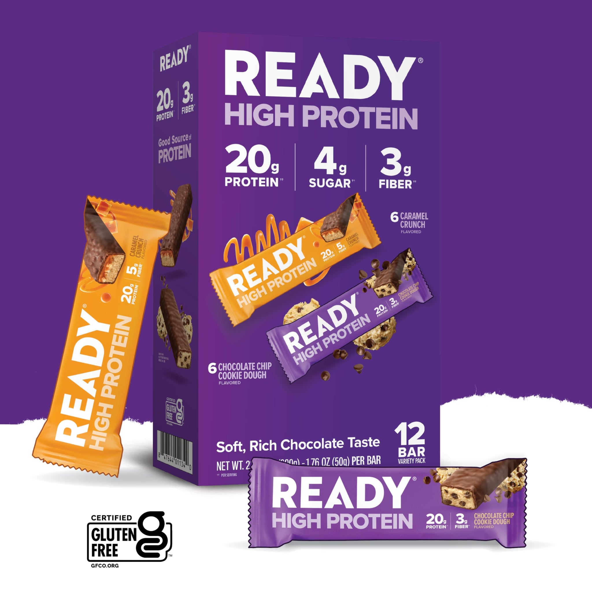 Ready® High Protein 20g Bar - Chocolate Chip Cookie Dough & Caramel Crunch Variety Pack | Low Sugar | No Artificial Sweeteners | No Sucralose | Twin