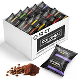 Colonial Coffee 32 Count Single Pot Coffee Packets - Assorted Variety Pack with Medium, Dark, & Decaf Roast Blends | Pre-Measured Frac Packs for 12