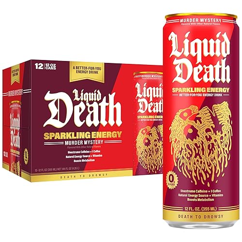Liquid Death Sparkling Energy - Murder Mystery (Cherry, Cream, Spice), Zero Sugar Energy Drink, Unextreme Caffeine 100mg, Essential Vitamins, 12 Fl Oz