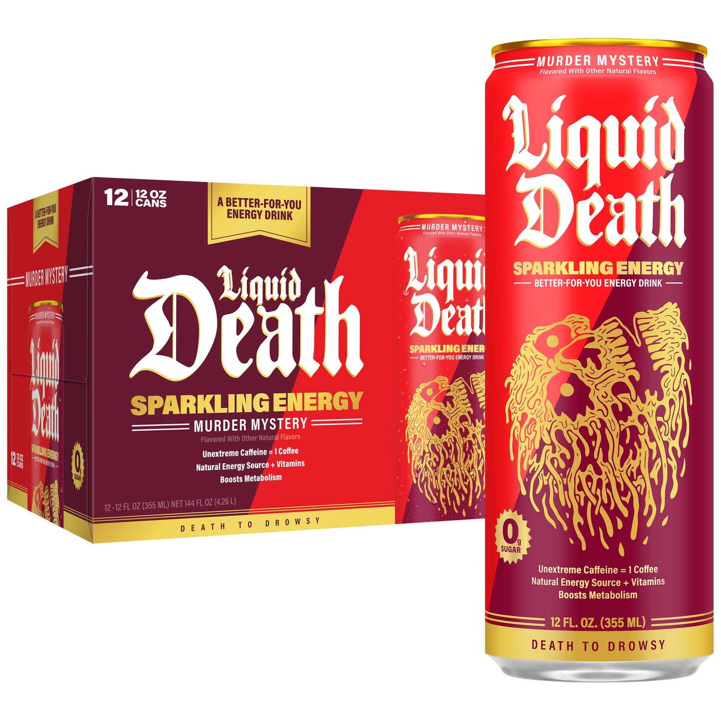 Liquid Death Sparkling Energy - Murder Mystery (Cherry, Cream, Spice), Zero Sugar Energy Drink, Unextreme Caffeine 100mg, Essential Vitamins, 12 Fl Oz