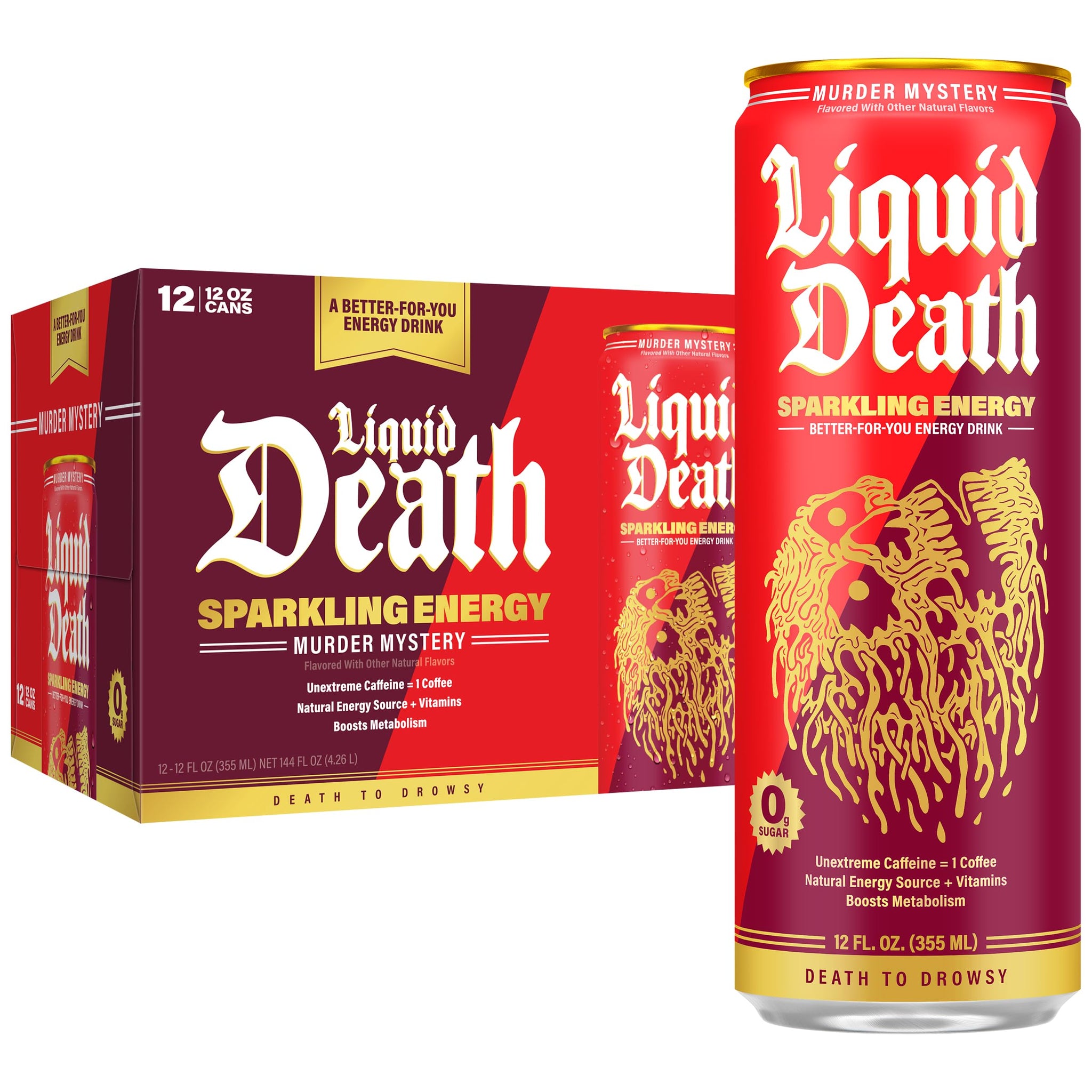 Liquid Death Sparkling Energy - Murder Mystery (Cherry, Cream, Spice), Zero Sugar Energy Drink, Unextreme Caffeine 100mg, Essential Vitamins, 12 Fl Oz