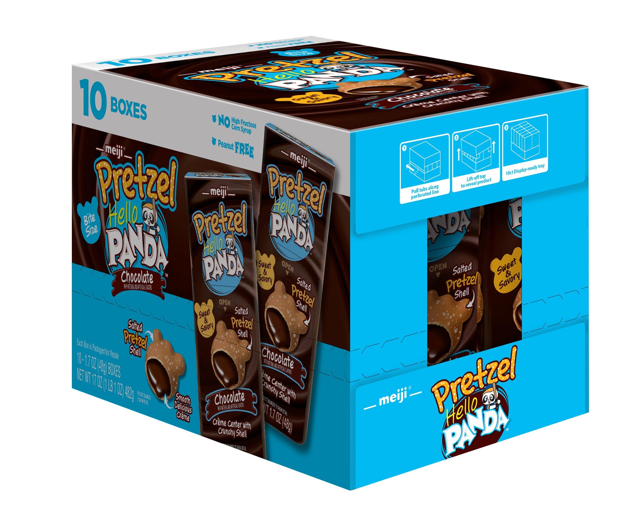 MEIJI Hello Panda Pretzel Cookies, Chocolate Crème Filled - 1.7oz, Pack of 10 - Crunchy Pretzel Shell with Smooth Delicious Crème