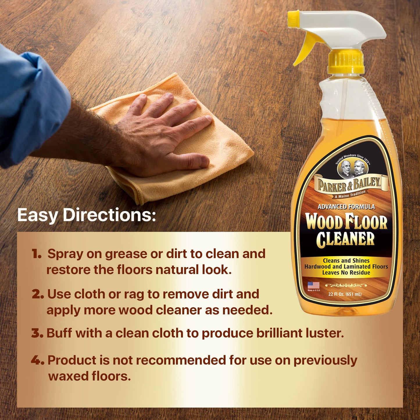 Parker & Bailey Wood Floor Cleaner - Use on Hardwood, Laminated or Faux Finished Floors. Shine Restorer Protector, Surface Cleaner Supplies Home