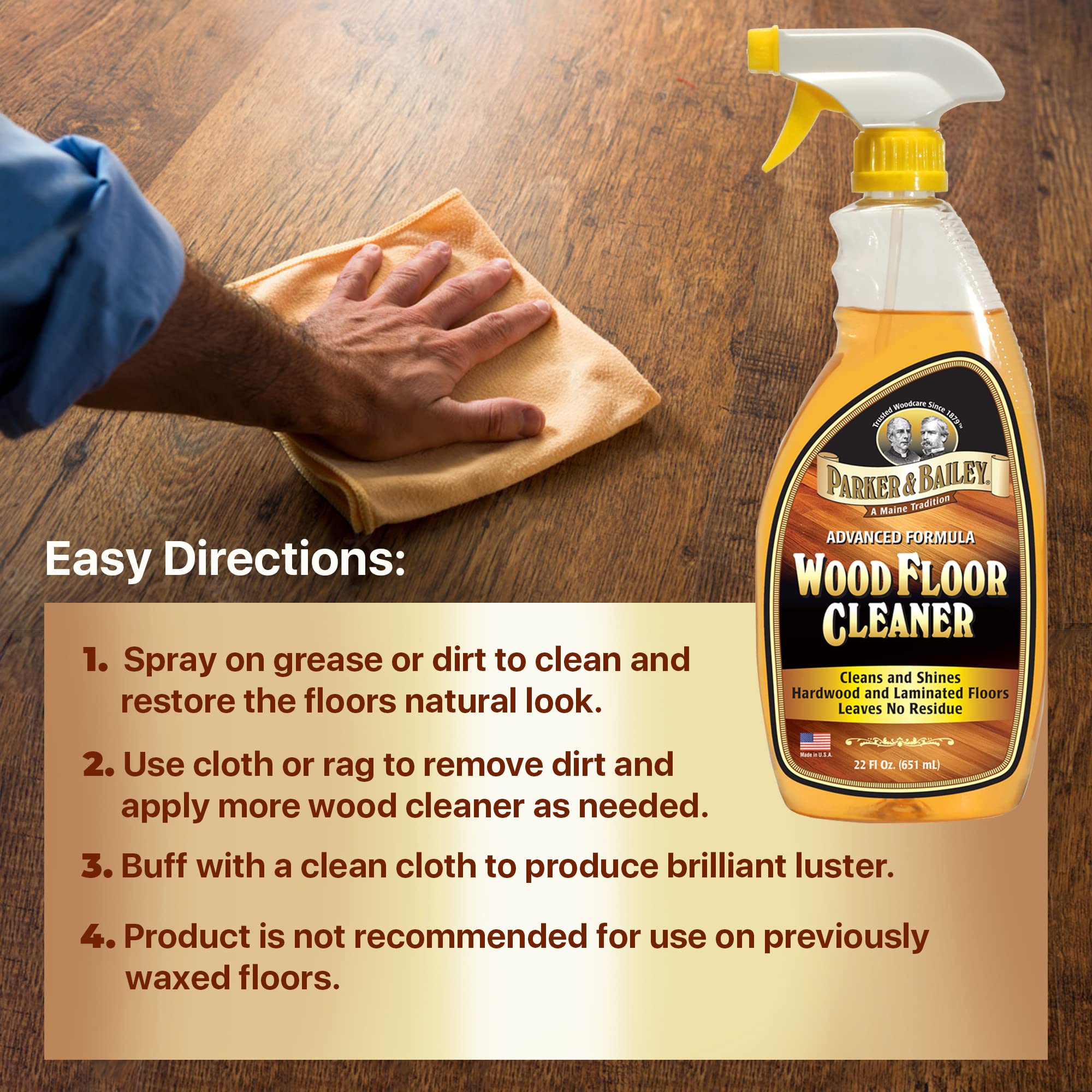 Parker & Bailey Wood Floor Cleaner - Use on Hardwood, Laminated or Faux Finished Floors. Shine Restorer Protector, Surface Cleaner Supplies Home