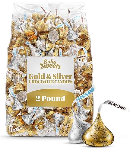 Bulk Chocolate 2 Pound Gold & Silver Foil Assorted Almond & Milk Chocolate Candy Mix - Approx. 200 Pieces Individually Wrapped for Parties, Buffets