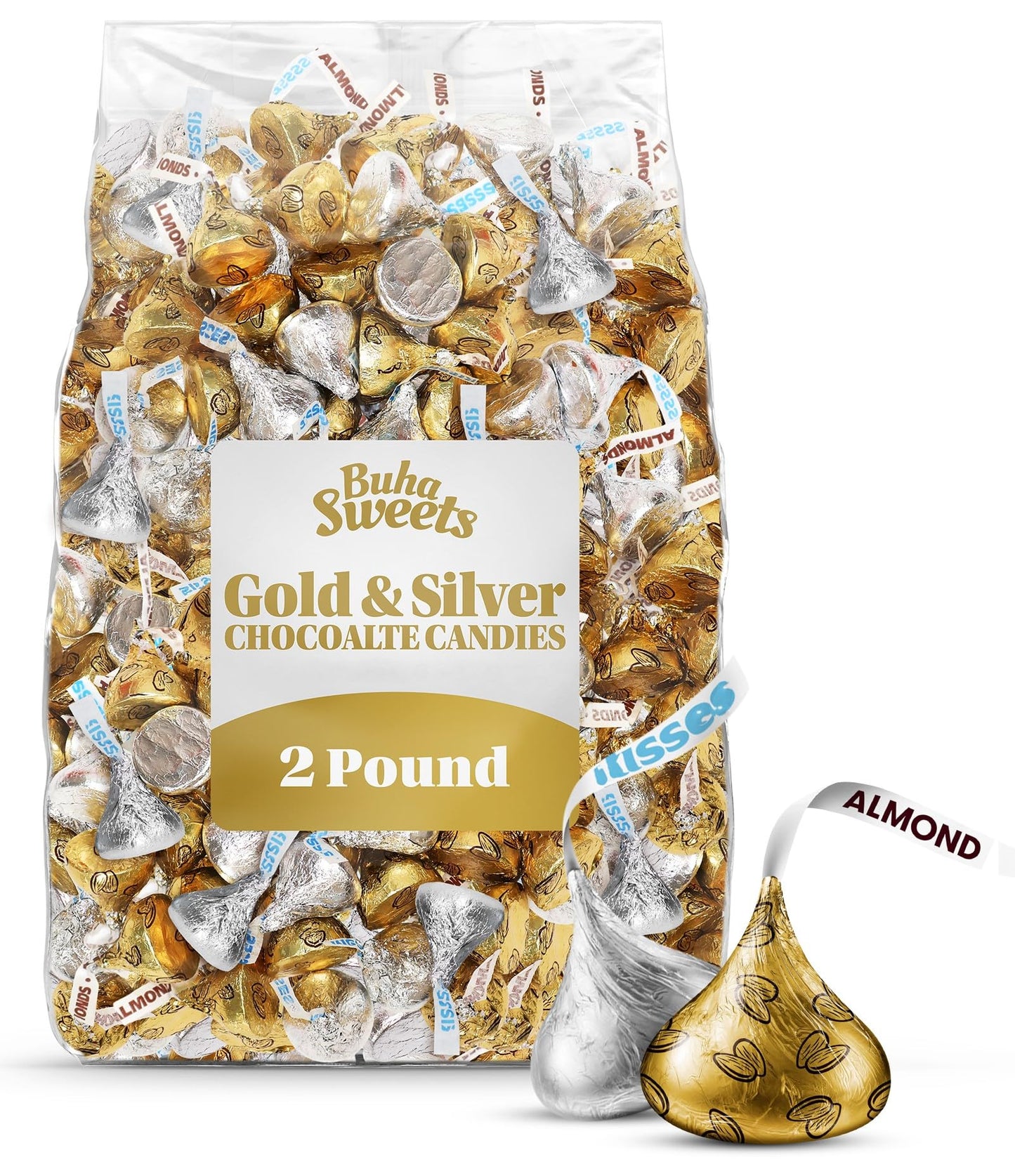 Bulk Chocolate 2 Pound Gold & Silver Foil Assorted Almond & Milk Chocolate Candy Mix - Approx. 200 Pieces Individually Wrapped for Parties, Buffets