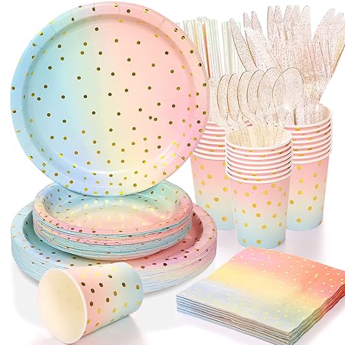 Boocikey 200 Pcs Pastel Party Decorations,Golden Dot Disposable Paper Plates Set,Pastel Plates and Napkins Party Supplies for Birthday Baby Shower
