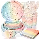 Boocikey 200 Pcs Pastel Party Decorations,Golden Dot Disposable Paper Plates Set,Pastel Plates and Napkins Party Supplies for Birthday Baby Shower