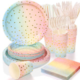 Boocikey 200 Pcs Pastel Party Decorations,Golden Dot Disposable Paper Plates Set,Pastel Plates and Napkins Party Supplies for Birthday Baby Shower