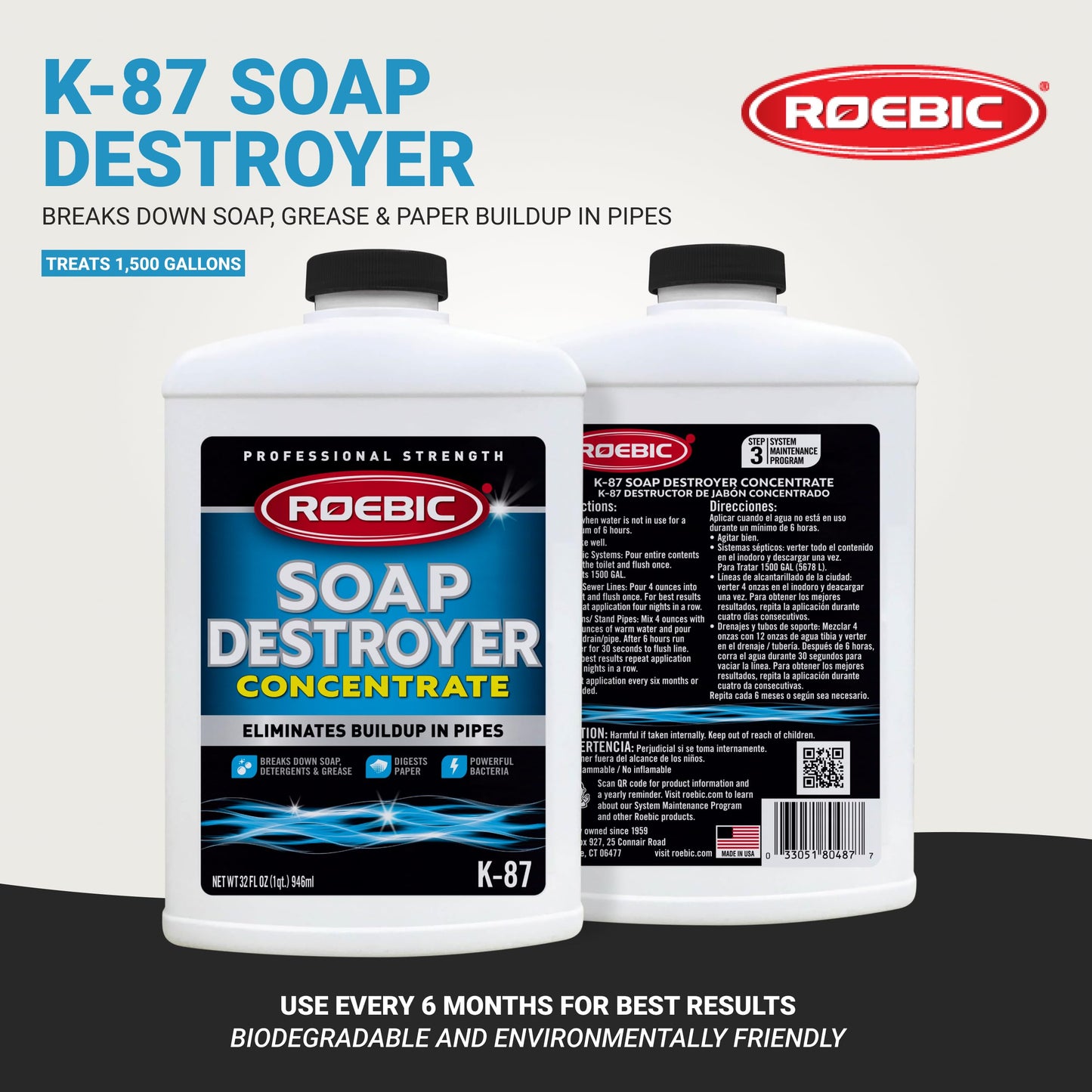 Roebic K-87 Liquid SGP Soap, Grease and Paper Digester with Bacteria, Eliminates Buildup in Pipes and Protects from Clogs, Treats 1500 Gallons, 32 fl