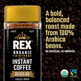 Rex Coffee Organic Fairtrade Freeze-Dried Instant Coffee - Medium Roast Arabica, 3.53 oz Glass Jar - Lab Tested for Mold, Mycotoxins, Heavy Metals